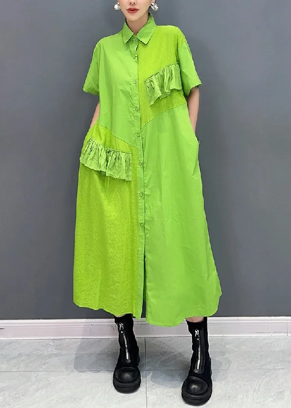 Vogue Green Peter Pan Collar Patchwork Button Maxi Dress Summer Cozy Knitted Maxi Dress