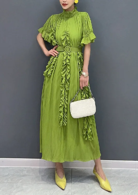 Vogue Green Turtleneck Ruffled Wrinkled Maxi Dress Short Sleeve Trendy Satin Maxi Dress Vogue Green Turtleneck Ruffled Wrinkled Maxi Dress Short Sleeve Trendy Satin Maxi Dress