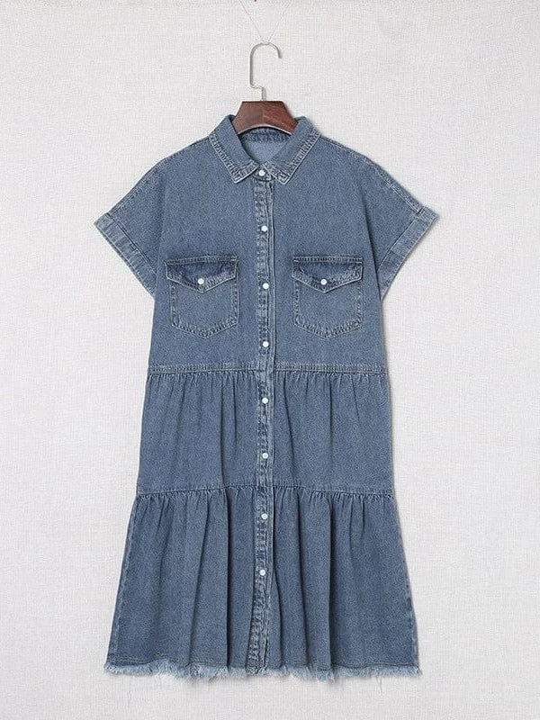 Washed Denim Tiered Mini Dress Stylish Short-Sleeve Mini Dress