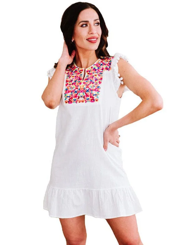 White Cotton Mini Dress with Colorful Embroidery Classic Casual Mini Dress