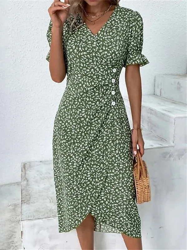 CityHottie - Women's Casual Dress Wrap Dress Floral Dress Floral Button Print V Neck Midi Dress Fashion Classic Daily Holiday Short Sleeve Regular Fit Black Dark Red Yellow Summer Spring S M L XL XXL Fashionable Pleated Wrap Midi Dress