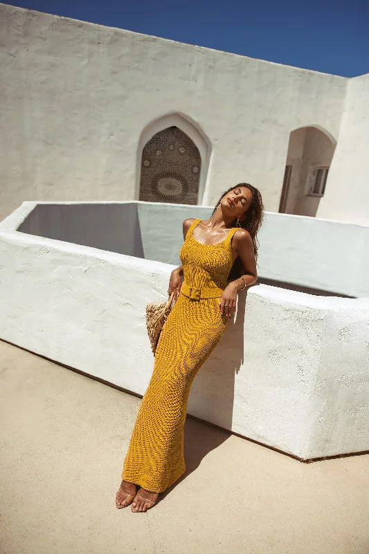 Yellow Moonrise Ribbed Maxi Dress Casual Maxi Dress with Pockets