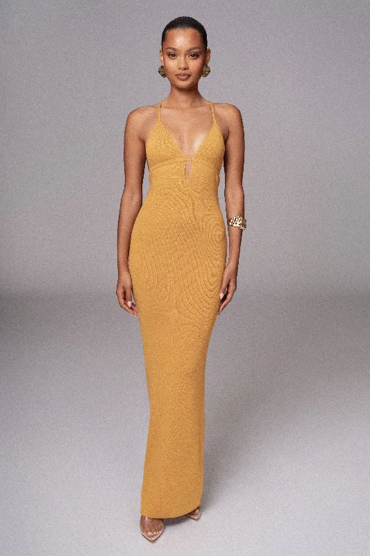Yellow Sun Rays Knit Maxi Dress Comfortable Bohemian Maxi Dress