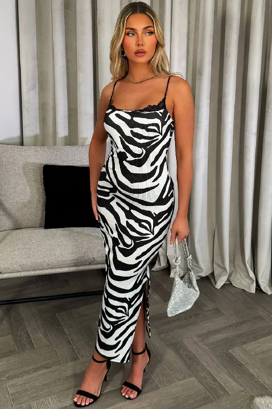 Zebra Print Maxi Dress With Side Split And Lace Detail Cozy Maxi Dress with Slit