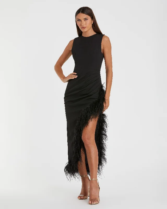 Sleeveless Faux Wrap Dress with Feather Detail Stylish Wrap Dress for Summer