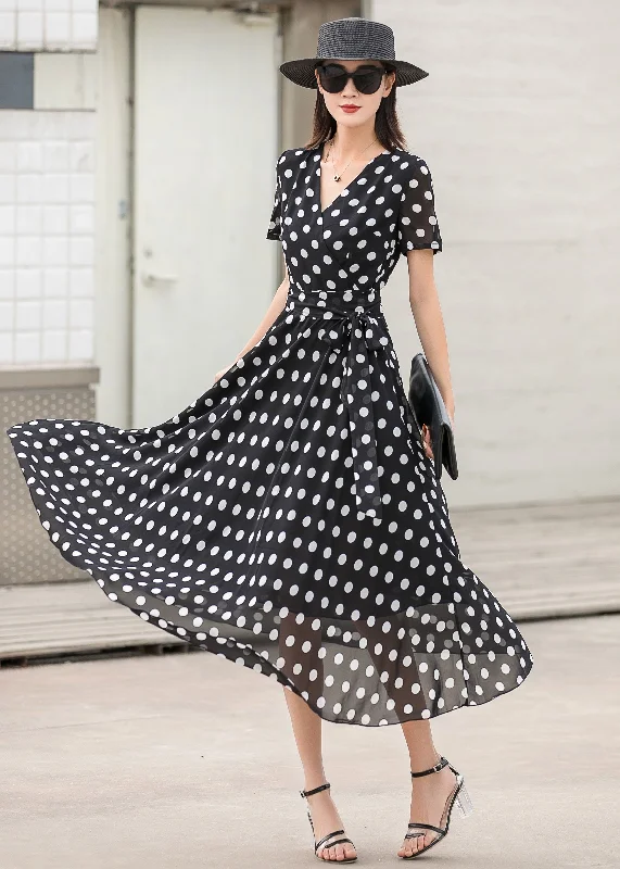 Black Polka Dot Chiffon Dress, Summer Woman Wrap Dress 2862 Stylish Printed Wrap Dress