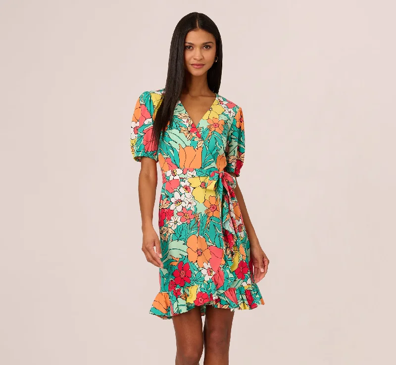 Drawn Floral Print Faux Wrap Dress With Short Sleeves In Aqua Coral Multi Fashionable Button-Down Wrap Dress