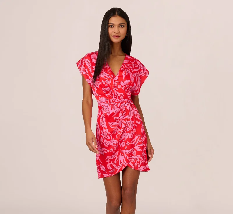 Floral Satin Faux Wrap Dress With Dolman Sleeves In Red Pink Elegant Stretch Wrap Dress