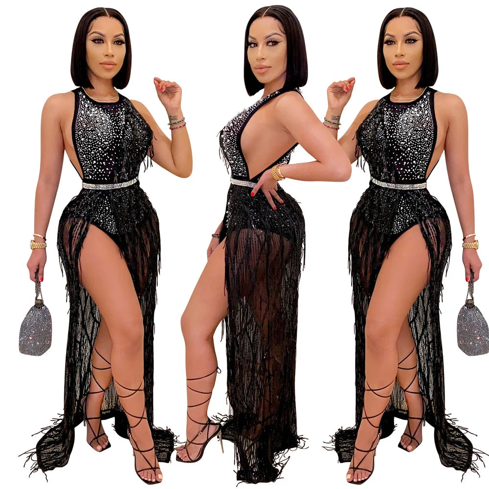 party wear hot rhinestone bodysuit and tassel skirt set women 2 piece fringed dress sexy clubwear Fashionable Bodysuit with Button Detail