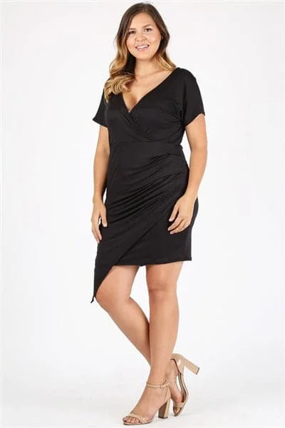 Plus Size Asymmetrical Faux-Wrap Dress Black - Pack of 6 Comfortable Relaxed Fit Wrap Dress