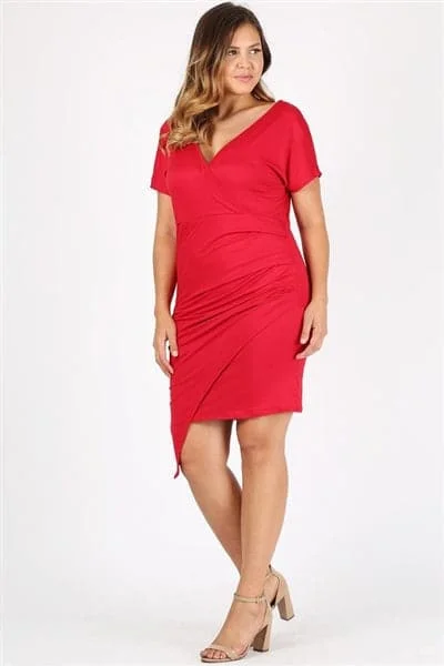 Plus Size Asymmetrical Faux-Wrap Dress Crimson - Pack of 6 Chic Silk Wrap Dress