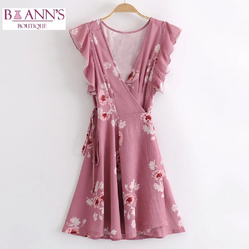 PRETTY IN PINK WRAP DRESS Comfortable Wrap Dress with Zipper