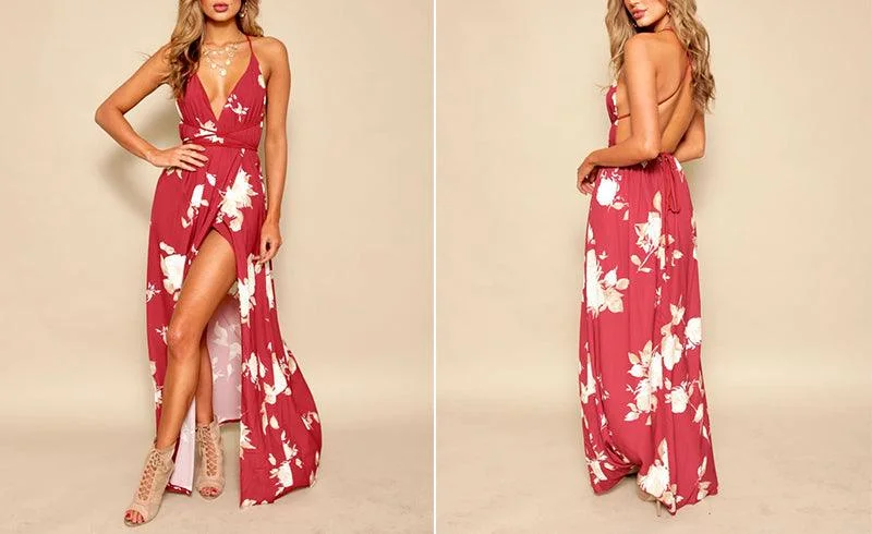 RED FLORAL MAXI WRAP DRESS Elegant Tie-Front Wrap Dress