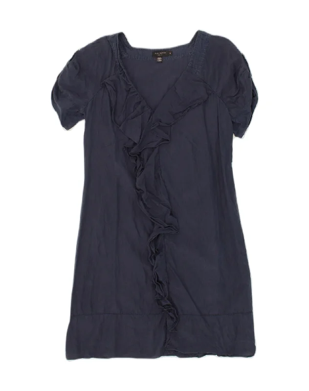 TED BAKER Womens Ruffle Front Wrap Dress Size 2 Small Navy Blue Silk Stylish Lace Detail Wrap Dress