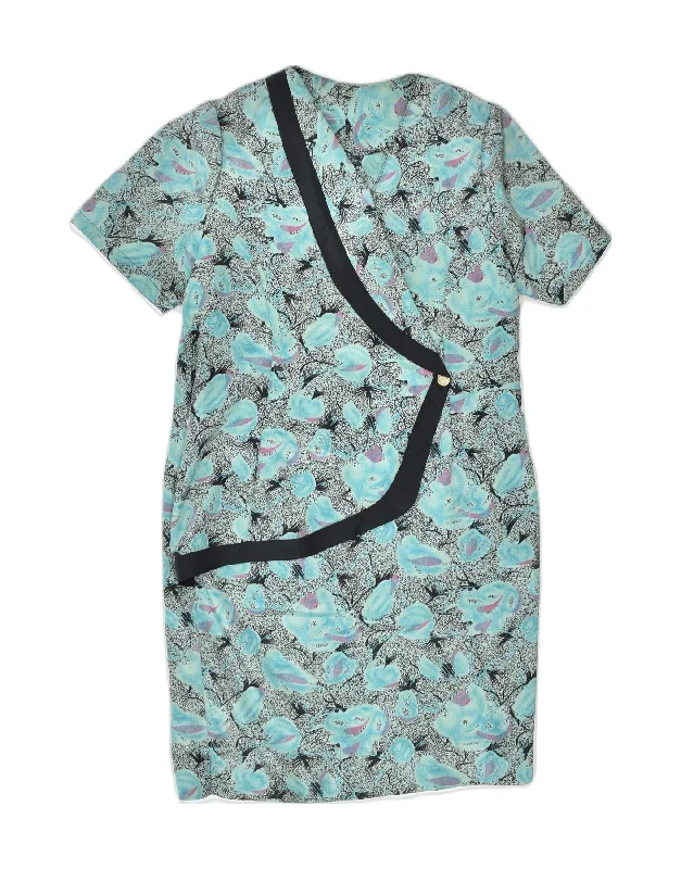 VINTAGE Womens Wrap Dress UK 14 Large Turquoise Floral Stylish Pleated Wrap Dress