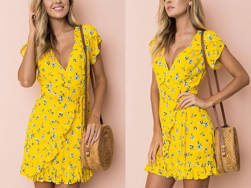 YELLOW FLORAL MINI ITS A WRAP DRESS Trendy Wool Wrap Dress