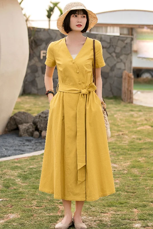 Yellow short sleeve V linen wrap dress with belt 2803 Chic Floral Print Wrap Dress