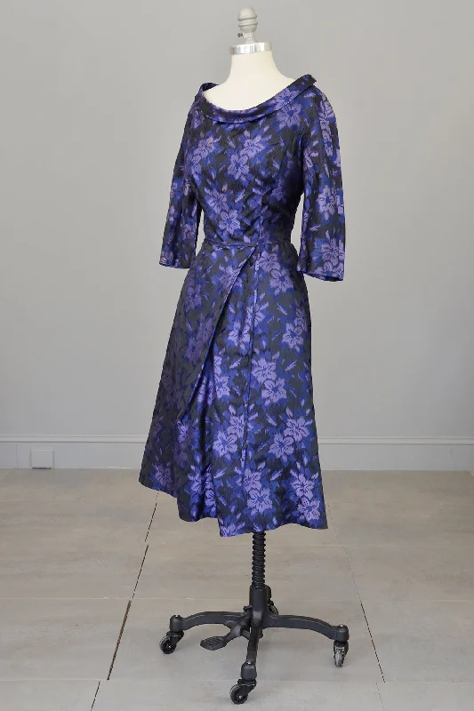 1950s 60s Black Purple Floral Print Office Party Dress Tunics Canvas sturdy