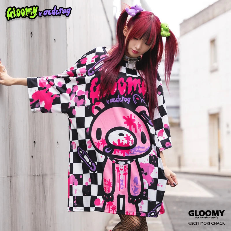 ACDC RAG and Gloomy Bear checkered t-shirt Satin Fabric Silk Fabric Chiffon Fabric