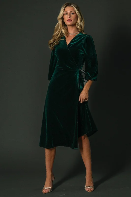 Beckinsale Velvet Wrap Dress | Dark Green Chic Double-Wrap Dress