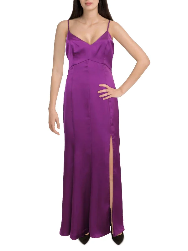 Belleau Womens Satin V-Neck Evening Dress Crew Neckline Sporty