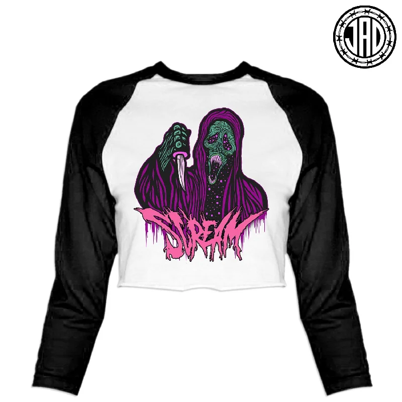 Black Scream Ghoul - Women's Cropped Baseball Tee Terry Blend Velvet Blend Canvas Blend Black Scream Ghoul - Women's Cropped Baseball Tee Terry Blend Velvet Blend Canvas Blend