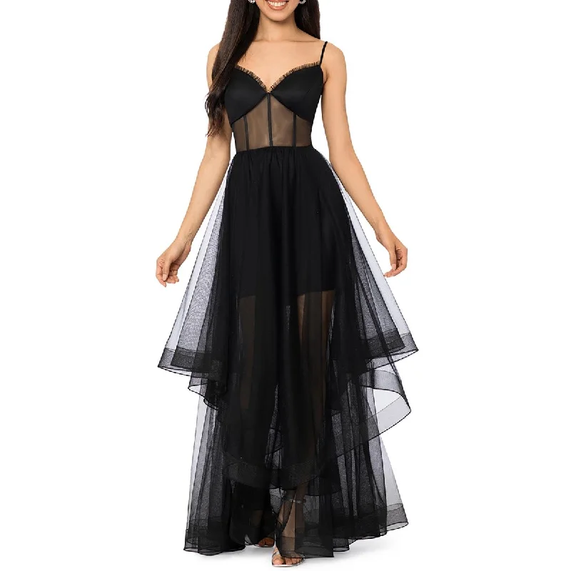 Blondie Nites Womens Juniors Mesh Ruffled Evening Dress Peplum Ruffle Cocktail