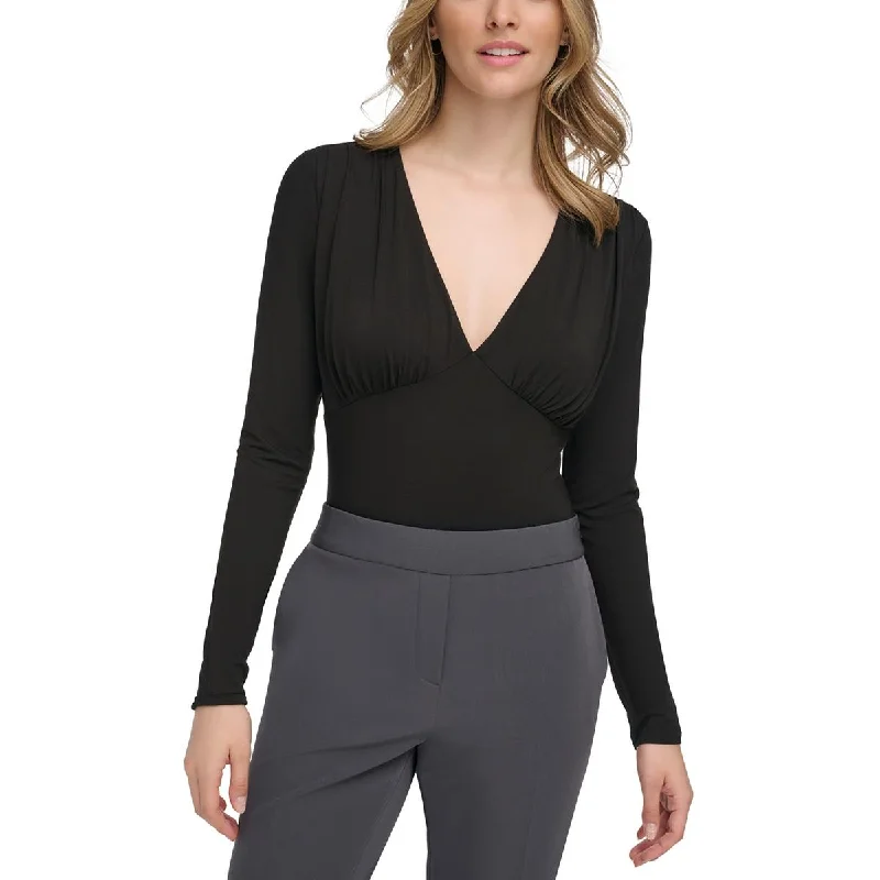 Calvin Klein Womens Long Sleeve V-Neck Bodysuit Trendy Bodysuit with Zipper