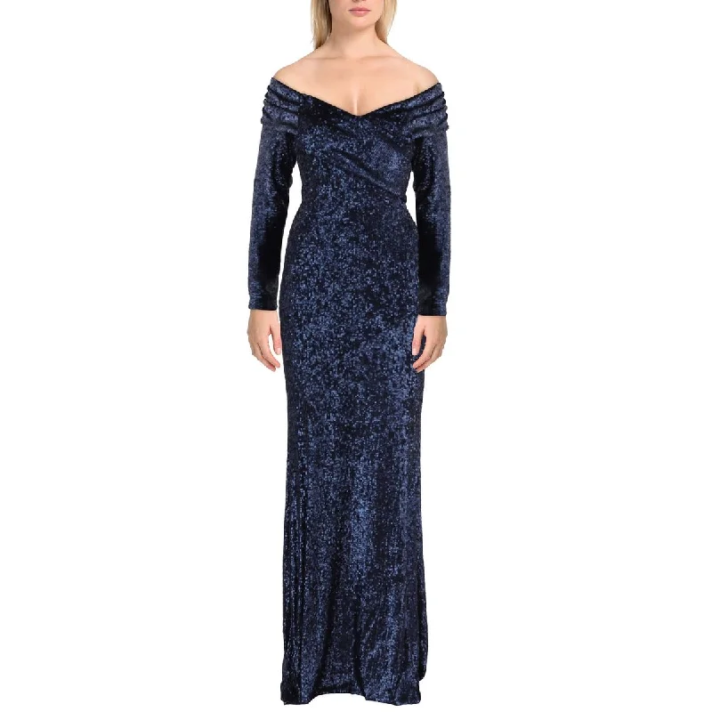 Donna Karan Womens Sequined Off-The-Shoulder Evening Dress Mermaid Tail Wedding