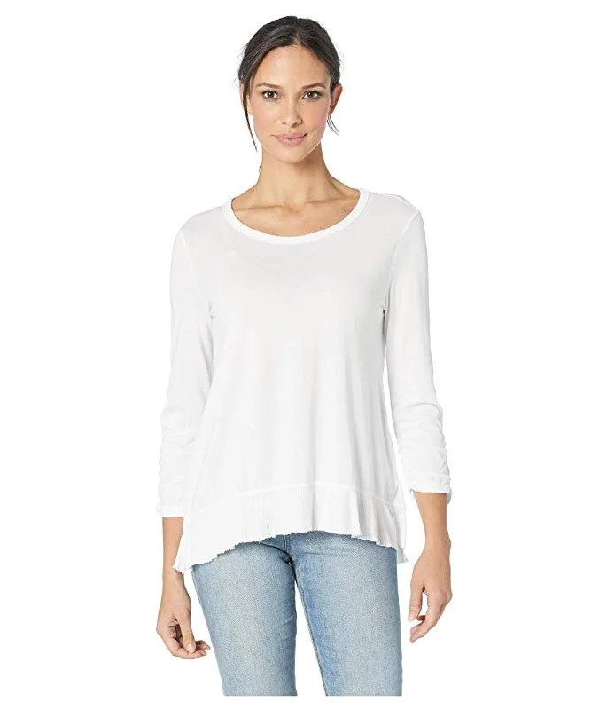 Dylan Modal Jersey 3/4 Shirred Sleeve Tee White Graphic Embroidered Appliqued