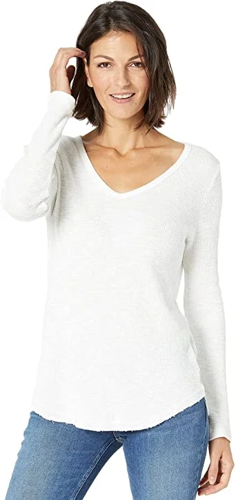 Dylan Slub Cotton Long Sleeve Deep V-Neck Tee White Asymmetrical Pockets Print