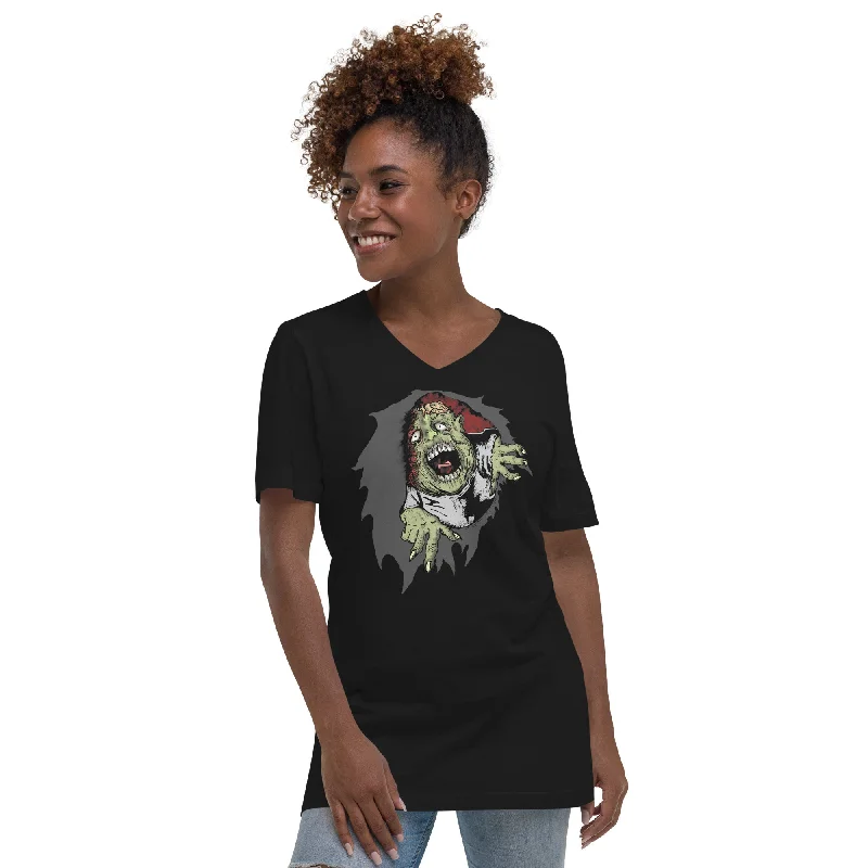 Flesh Eating Zombie Ripping Through Chest Horror Women’s Short Sleeve V-Neck T-Shirt Ribbed Striped Patterned Flesh Eating Zombie Ripping Through Chest Horror Women’s Short Sleeve V-Neck T-Shirt Ribbed Striped Patterned