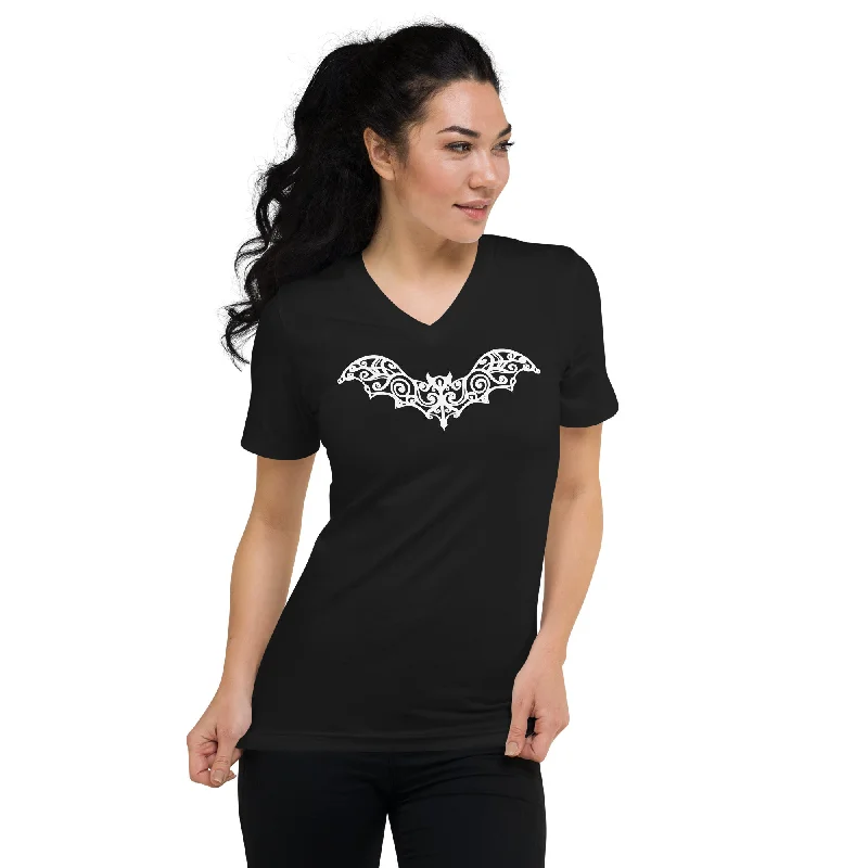 Gothic Wrought Iron Style Vine Bat Women’s Short Sleeve V-Neck T-Shirt White Print Polka Dot Checkered Tartan