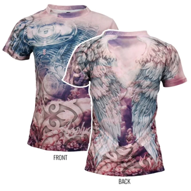 Hot Leathers Ladies Short Sleeve Angel Wings Sublimation T-Shirt Fleece Fabric Down Fabric Feather Fabric