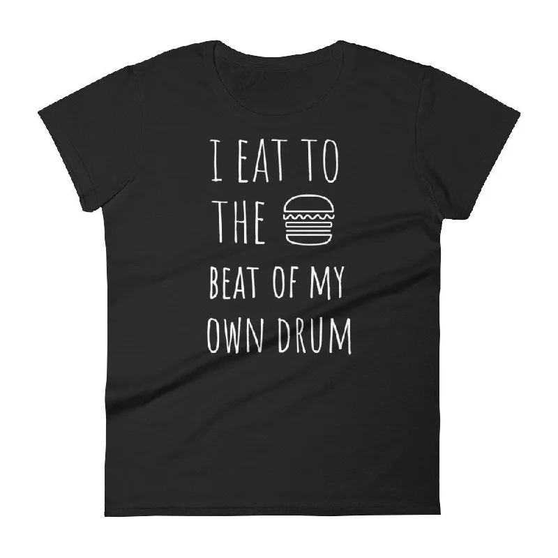 I Eat To The Beat Of My Own Drum: Burger Black Ladies T-Shirt Beaded Sequined Faux Fur I Eat To The Beat Of My Own Drum: Burger Black Ladies T-Shirt Beaded Sequined Faux Fur