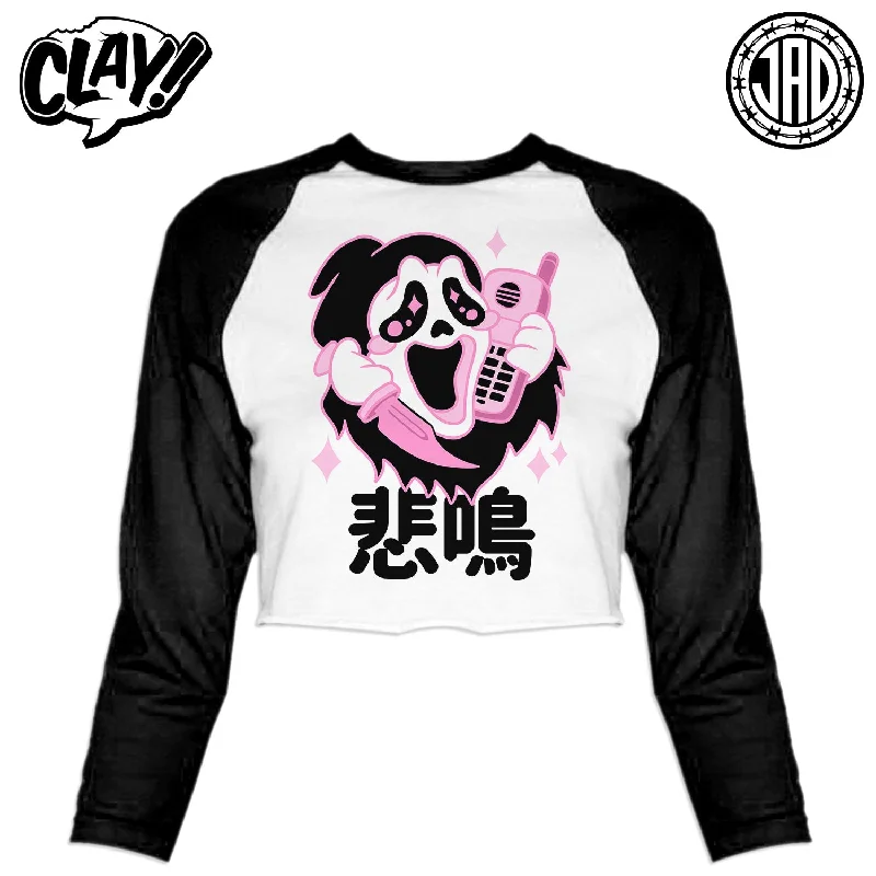 Kawaii Ghost - Women's Cropped Baseball Tee Lace Blend Ribbed Blend Corduroy Blend