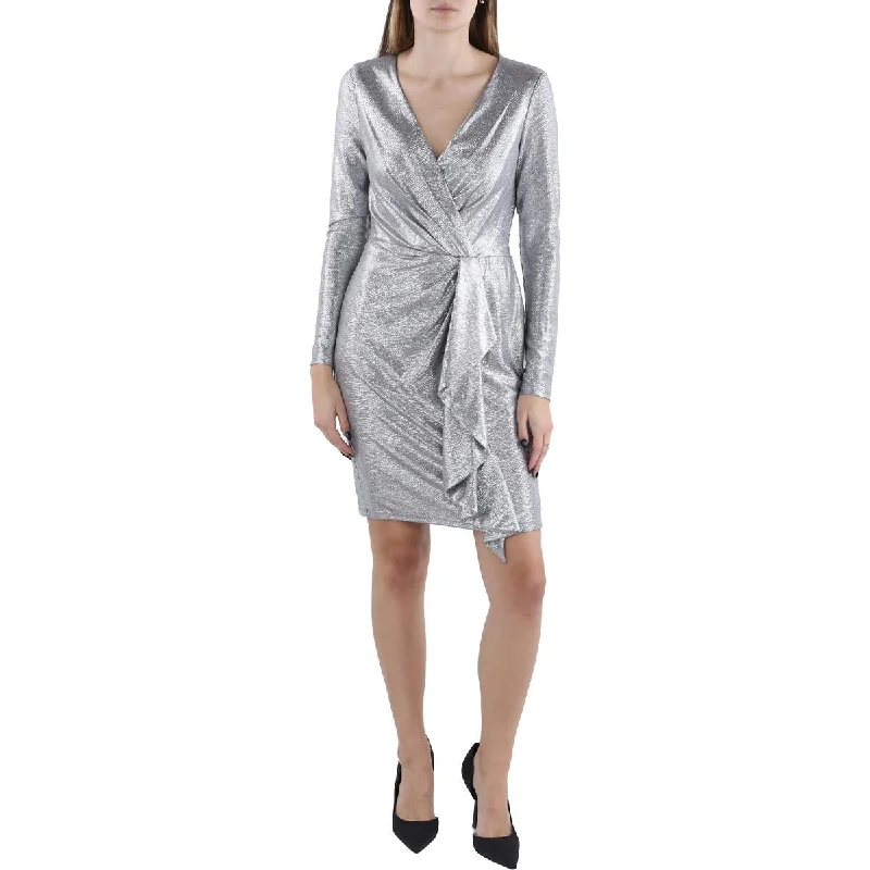 Lauren Ralph Lauren Womens Metallic Surplice Cocktail And Party Dress High-Low Hemline Casual