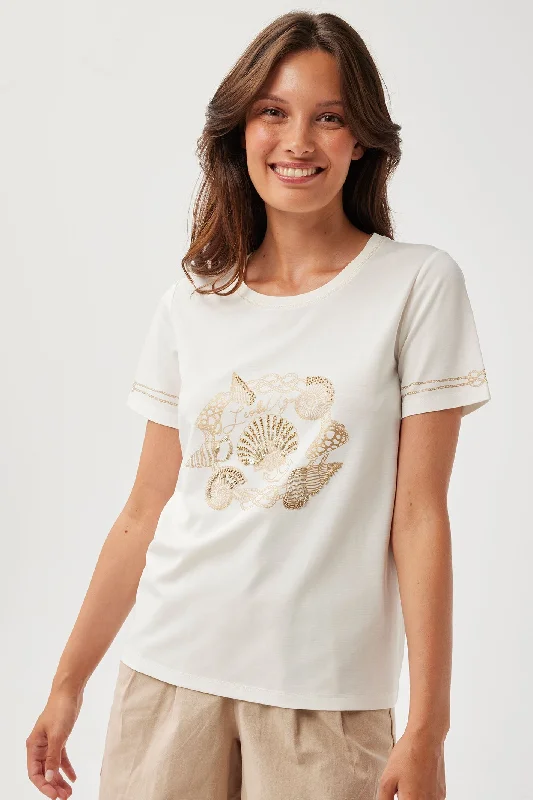Leo & Ugo Arielle TEJ699 White Gold Shell Motif T-Shirt Ribbed Striped Patterned