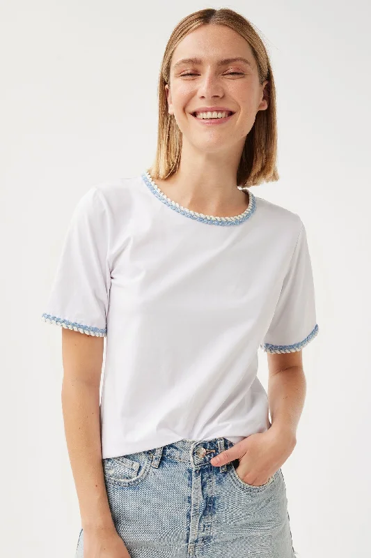Leo & Ugo Maeva TEJ669 White Blue Braid Trim T-Shirt Jersey Fabric Tulle Fabric Batik Fabric