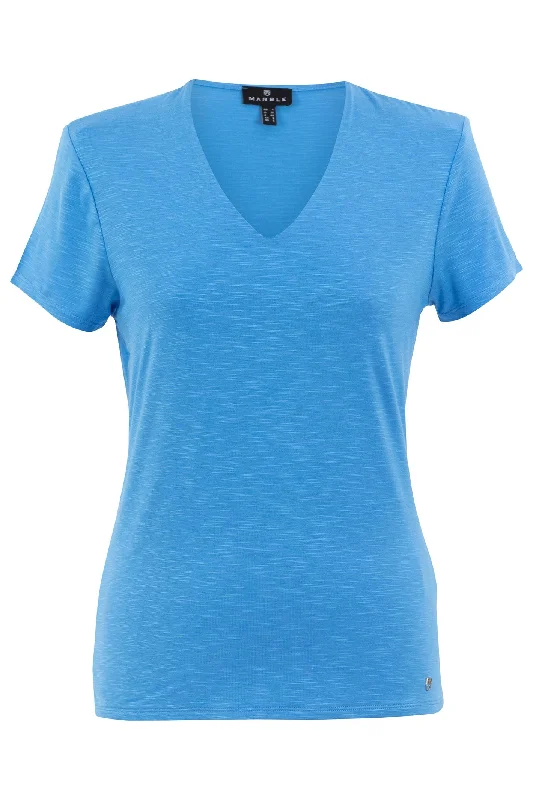Marble 6539 213 Blue V-Neck T-Shirt Top Satin Fabric Silk Fabric Chiffon Fabric