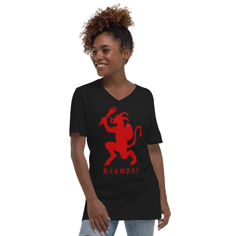 Merry Christmas with Krampus Krampuslauf Women’s Short Sleeve V-Neck T-Shirt Polka Dot Checkered Tartan
