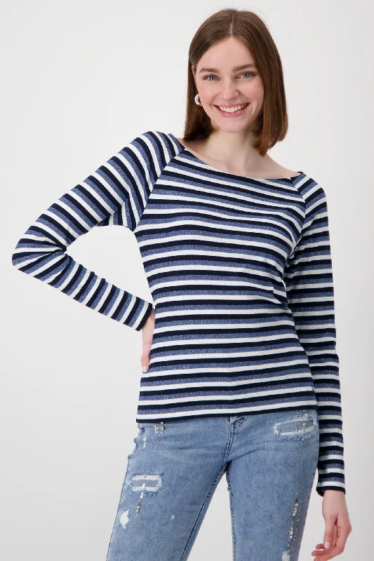 Monari 808147 Moonlight Blue Striped Basic Round Neck T-Shirt Mesh Canvas Denim