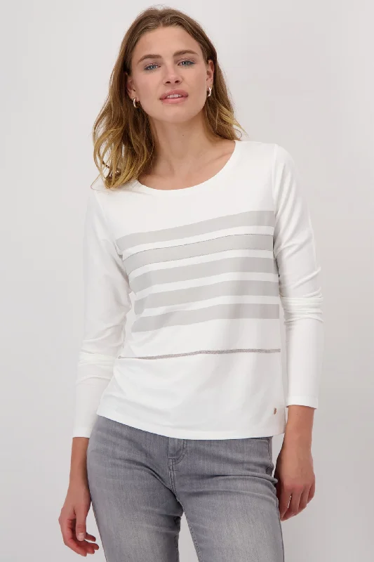 Monari 808527 Off-White Grey Stripe Long Sleeve T-Shirt Collared T-Shirt Boat Neck A-Line Monari 808527 Off-White Grey Stripe Long Sleeve T-Shirt Collared T-Shirt Boat Neck A-Line