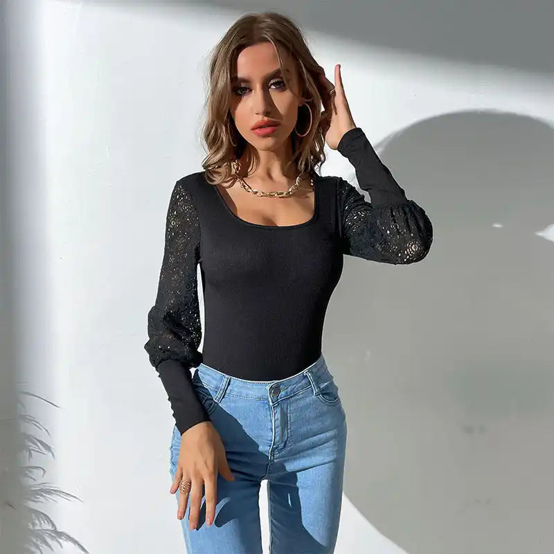 New black lace stitching long-sleeved bodysuit Trendy Sheer Lace Bodysuit