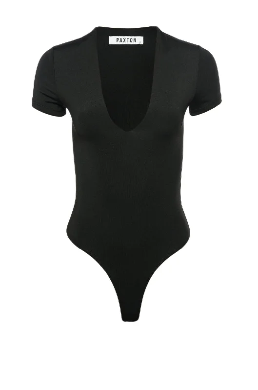 PAXTON BROOKE DEEP V SHORT SLEEVE BODYSUIT IN BLACK Elegant Bodysuit with Chiffon