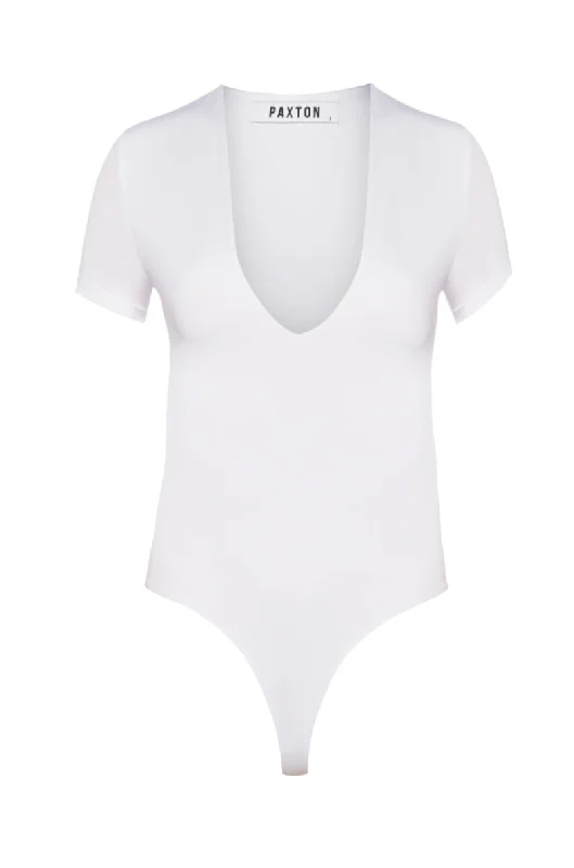 PAXTON BROOKE DEEP V SHORT SLEEVE BODYSUIT IN WHITE Comfortable Soft Bodysuit