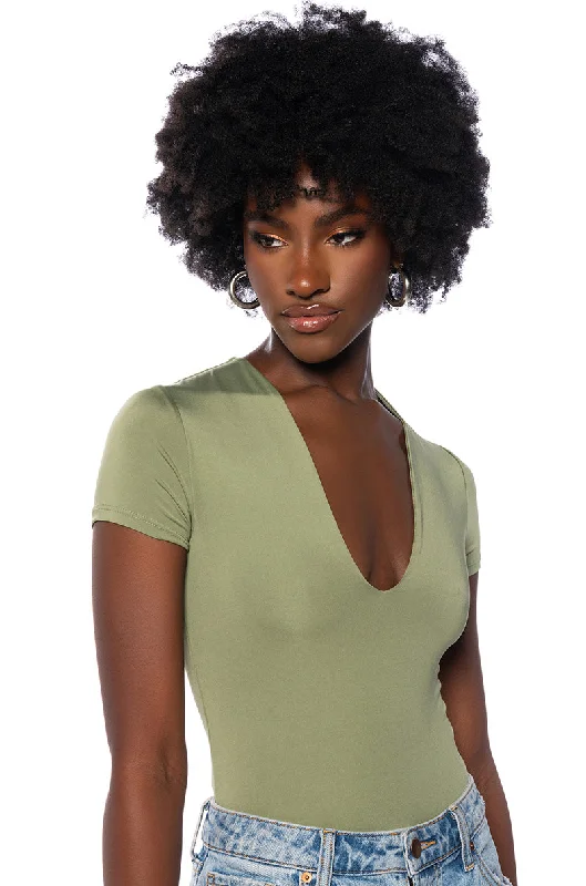 PAXTON DEEP V SHORT SLEEVE BODYSUIT IN OLIVE Elegant Bodysuit with Lace Trim