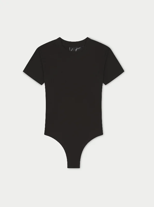 SHORT SLEEVE FITTED BODYSUIT - BLACK Stylish Mesh Bodysuit with Straps