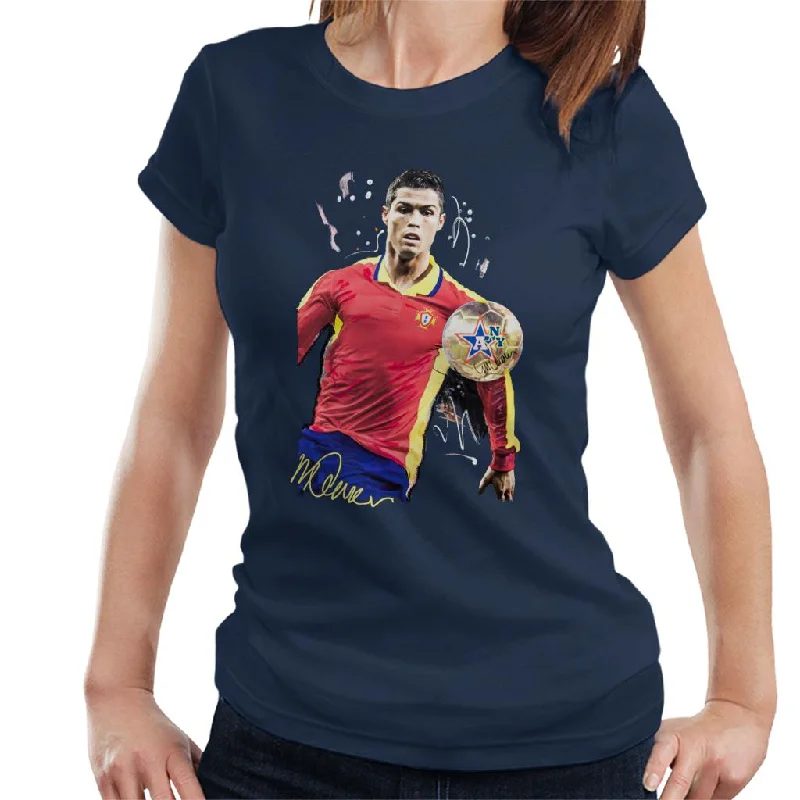 Sidney Maurer Original Portrait Of Portugal Striker Cristiano Ronaldo Women's T-Shirt Collared Crew Neck Turtle Neck Sidney Maurer Original Portrait Of Portugal Striker Cristiano Ronaldo Women's T-Shirt Collared Crew Neck Turtle Neck
