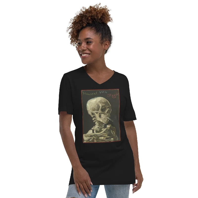 Skull of a Skeleton with Burning Cigarette Vincent Van Gogh Women’s Short Sleeve V-Neck T-Shirt Front Pockets Side Pockets Patch Pockets Skull of a Skeleton with Burning Cigarette Vincent Van Gogh Women’s Short Sleeve V-Neck T-Shirt Front Pockets Side Pockets Patch Pockets